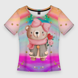 Женская футболка 3D Slim Мишка с сердечком и цветком