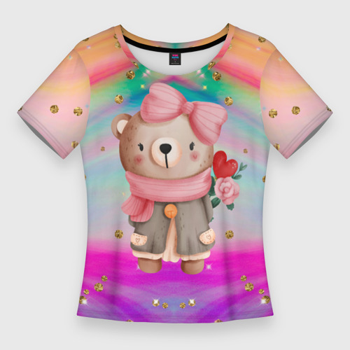Женская футболка 3D Slim Мишка с сердечком и цветком, цвет 3D печать