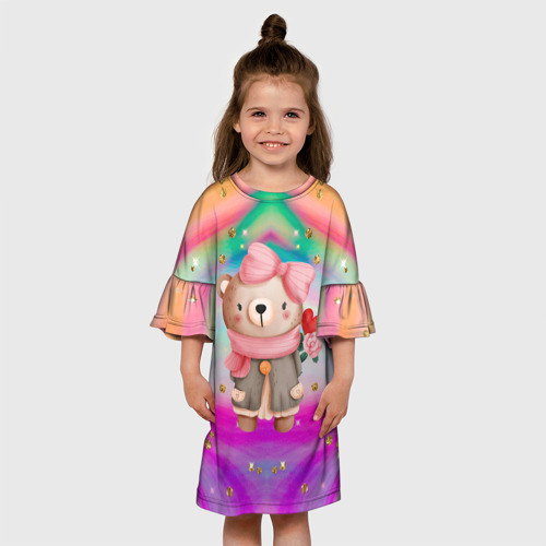 Детское платье 3D с принтом Мишка с сердечком и цветком, вид сбоку #3
