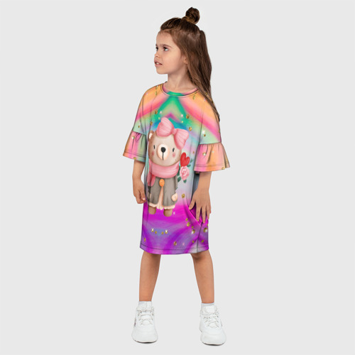 Детское платье 3D с принтом Мишка с сердечком и цветком, фото на моделе #1