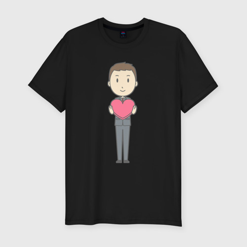 Мужская футболка хлопок Slim с принтом Офисный джентльмен держит сердечко, вид спереди #2