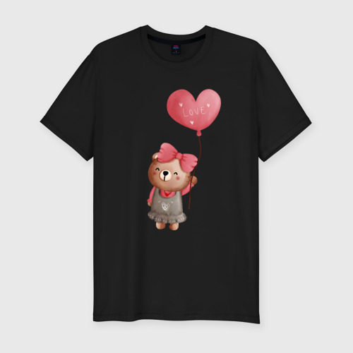 Мужская футболка хлопок Slim Мишка с воздушным шариком в виде сердца, цвет черный