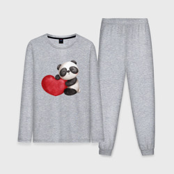 Мужская пижама с лонгсливом хлопок Панда с красным сердцем