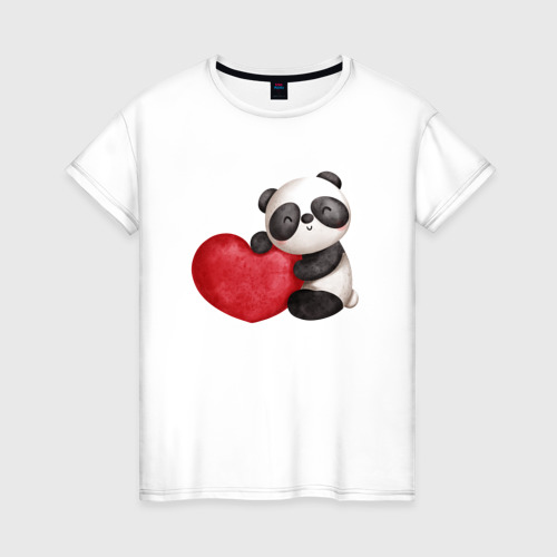 Женская футболка из хлопка с принтом Панда с красным сердцем, вид спереди №1