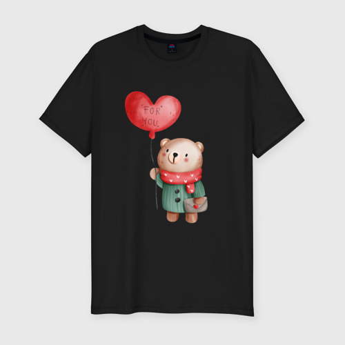 Мужская футболка хлопок Slim Мишка с шариком в виде сердечка, цвет черный