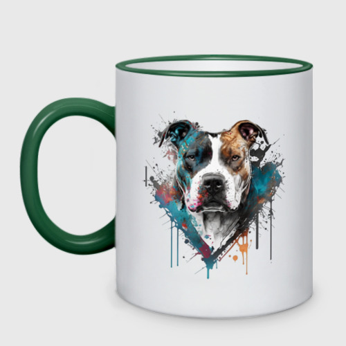 Кружка двухцветная Питбуль: dogs give us love, цвет Кант зеленый