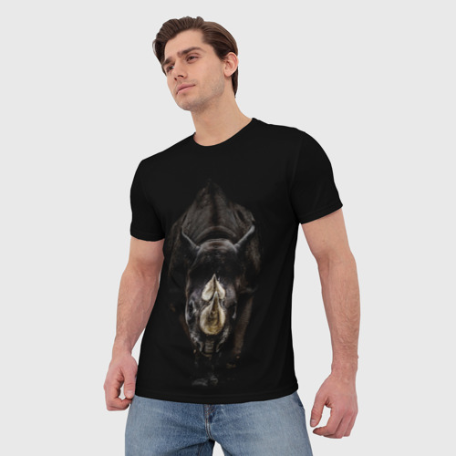 Мужская футболка 3D с принтом Мощный носорог, фото на моделе #1