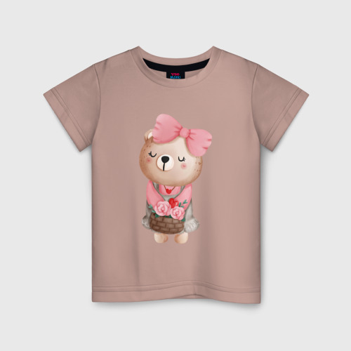Детская футболка хлопок Милая мишка с бантиком, цвет пыльно-розовый