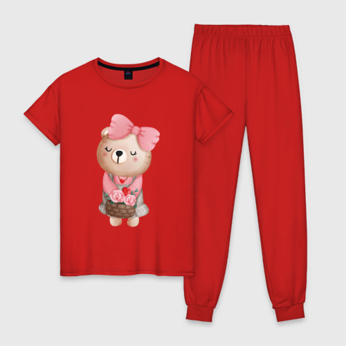 Женская пижама хлопок с принтом Милая мишка с бантиком, вид спереди #2