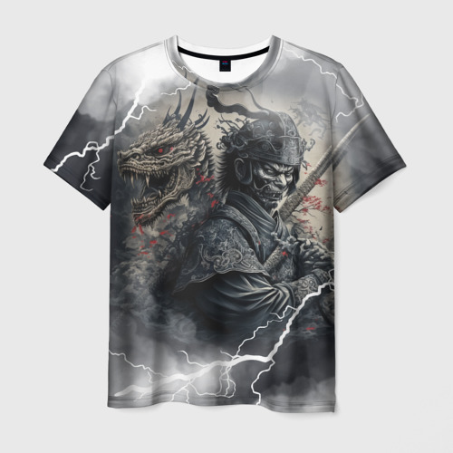 Мужская футболка с принтом Дракон и самурай, вид спереди №1