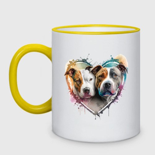 Кружка двухцветная с принтом Два питбуля: dogs give us love, вид спереди #2