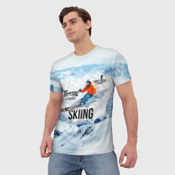 Футболка с принтом Горные лыжи спуск для мужчины, вид на модели спереди №2. Цвет основы: белый