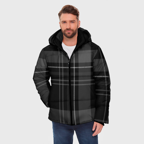 Мужская зимняя куртка 3D с принтом Темная клетка, фото на моделе #1