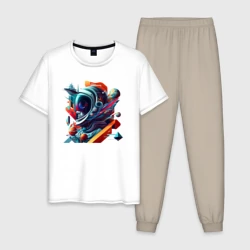 Мужская пижама с белой футболкой хлопок Космонавт в кубизме