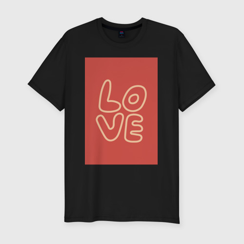 Мужская футболка хлопок Slim Слово Love на красном прямоугольном фоне, цвет черный