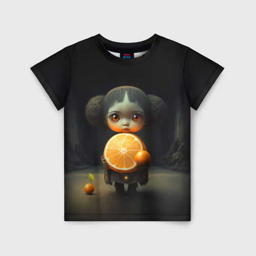 Детская футболка с принтом Девочка с мандарином в руках, вид спереди №1