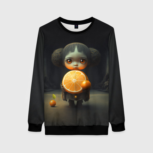 Женский свитшот с принтом Девочка с мандарином в руках, вид спереди №1