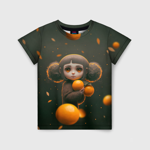 Детская футболка с принтом Милая девушка с мандаринами, вид спереди №1