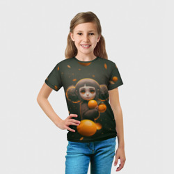 Футболка с принтом Милая девушка с мандаринами для ребенка, вид на модели спереди №3. Цвет основы: белый