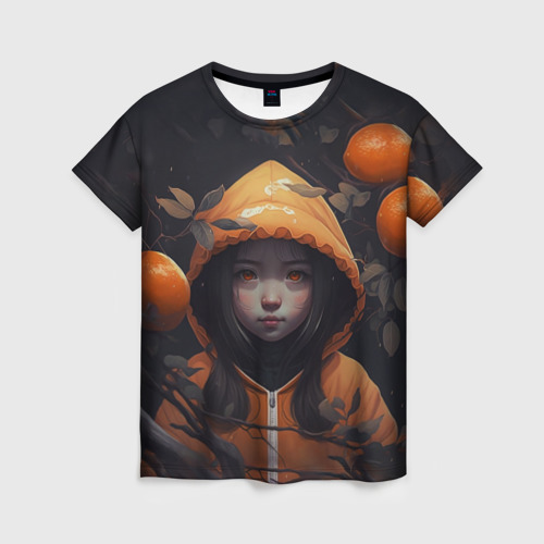 Женская футболка с принтом Девочка в оранжевой толстовке, вид спереди №1