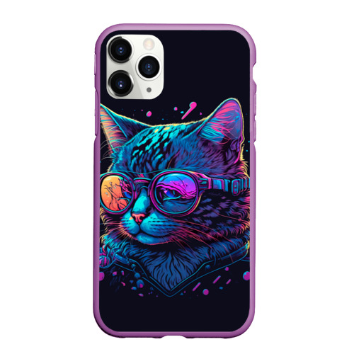 Чехол для iPhone 11 Pro Max матовый Кот неоновый, цвет фиолетовый