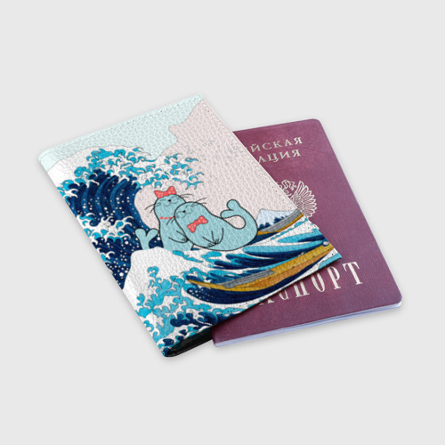 Обложка для паспорта матовая кожа Влюбленные тюлени у Большой волны Канагава, цвет черный - фото 3