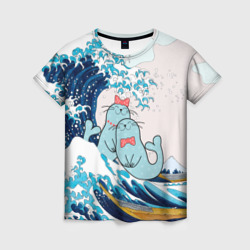 Женская футболка 3D Влюбленные тюлени у Большой волны Канагава