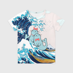 Детская футболка 3D Влюбленные тюлени у Большой волны Канагава