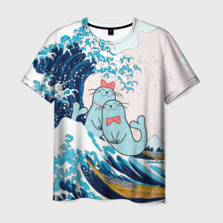 Мужская футболка 3D Влюбленные тюлени у Большой волны Канагава