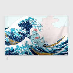Флаг 3D Влюбленные тюлени у Большой волны Канагава