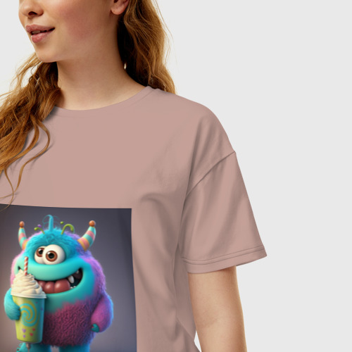 Женская футболка хлопок Oversize с принтом Веселый монстр с мороженым, фото на моделе #1