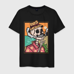 Мужская футболка хлопок Скелет в гавайской рубашке курит сигарету