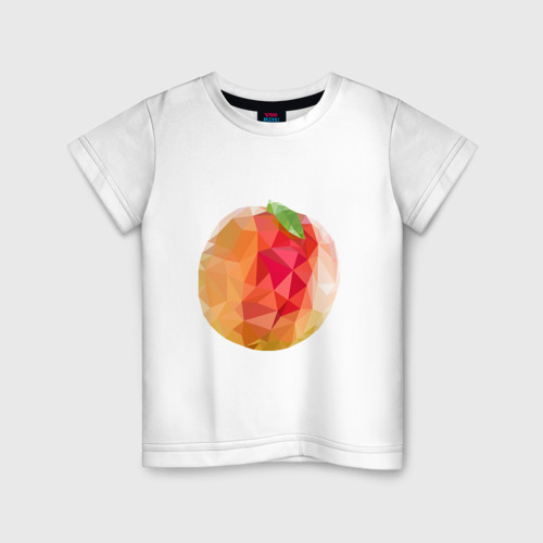 Детская футболка из хлопка с принтом Персик с листом в стиле Low Poly, вид спереди №1