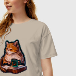 Женская футболка хлопок Oversize Кот с книгой и чаем - фото 2
