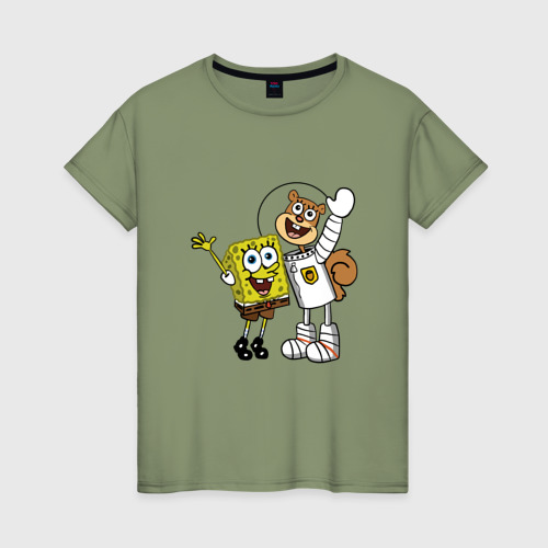 Женская футболка хлопок с принтом Спанч Боб и Сэнди, вид спереди #2