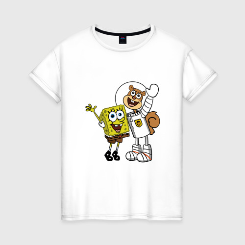 Женская футболка из хлопка с принтом Спанч Боб и Сэнди, вид спереди №1
