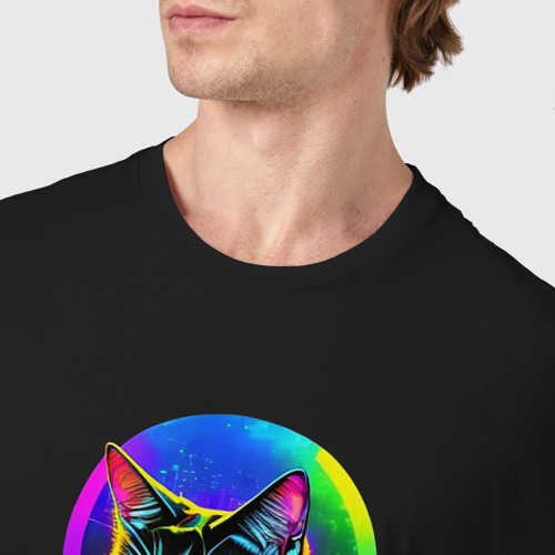 Мужская футболка хлопок Кот в стиле Киберпанк, цвет черный - фото 6