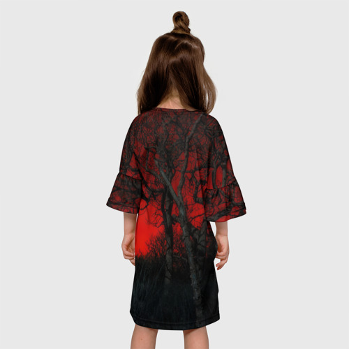 Детское платье 3D с принтом Уэнсдэй на фоне леса, вид сзади #2