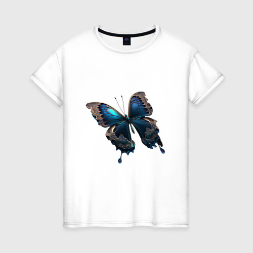 Женская футболка из хлопка с принтом Сапфировая бабочка, вид спереди №1