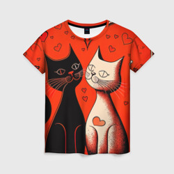 Женская футболка 3D Влюблённые кошки на красном фоне