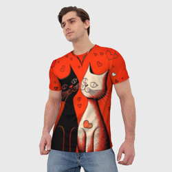 Мужская футболка 3D Влюблённые кошки на красном фоне - фото 2
