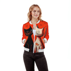 Женский бомбер 3D Влюблённые кошки на красном фоне - фото 2