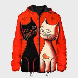 Мужская куртка 3D Влюблённые кошки на красном фоне