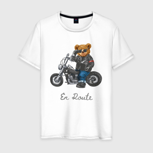Мужская футболка из хлопка с принтом Крутой мотоциклист медведь, вид спереди №1