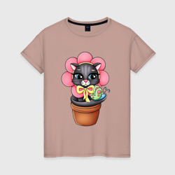Женская футболка хлопок Кошка цветок