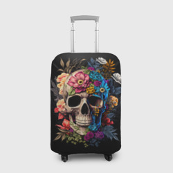 Чехол для чемодана 3D Череп c растениями и цветами