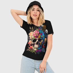 Женская футболка 3D Slim Череп c растениями и цветами - фото 2
