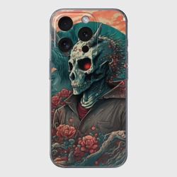 Чехол для iPhone 15 Pro силиконовый с защитой камеры Череп самурая