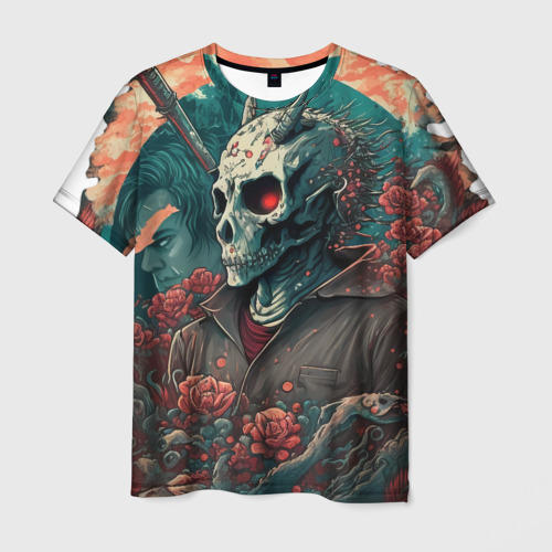 Мужская футболка с принтом Череп самурая, вид спереди №1