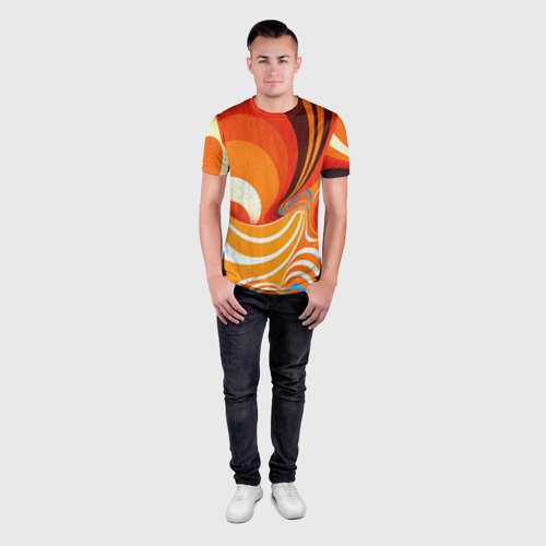Мужская футболка 3D Slim с принтом Текучая краская в ярких оранжевых цветах, вид сбоку #3